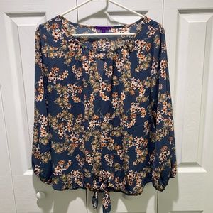 Beacon Casiya Tie Front Floral Blouse - Size Large - Color Navy Floral Print